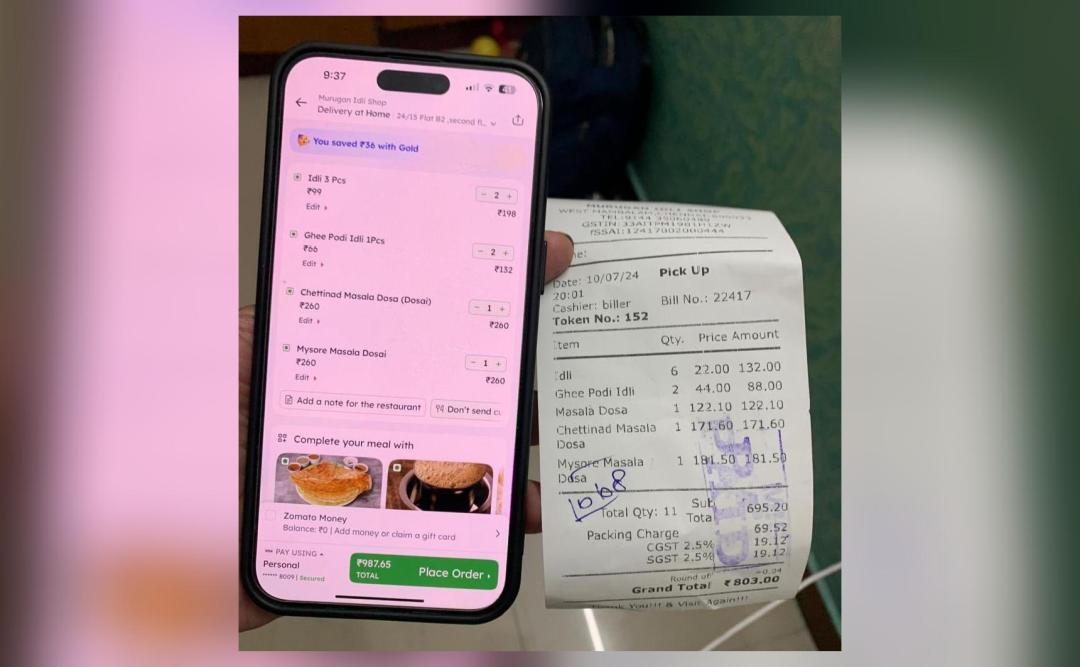 Man posts pic showing difference between Zomato bill and offline order; company responds