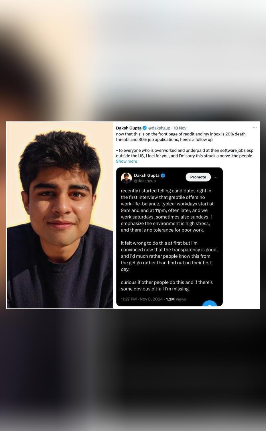 Greptile CEO Daksh defends 84-hr work week, says 'People exist who want this'