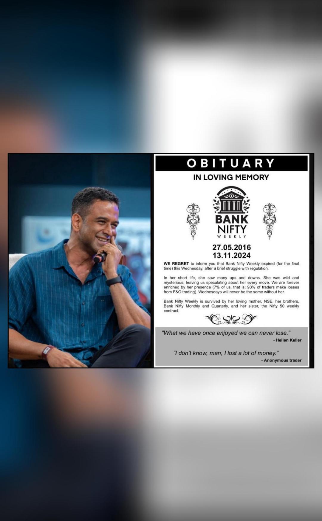 Bank Nifty's weekly expiry ends, Kamath jokingly shares 'obituary'