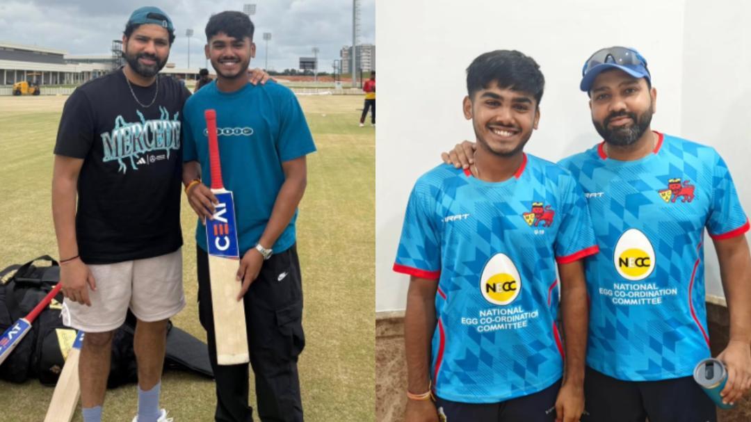 Rohit Sharma gifts bat to Ayush Mhatre during practice session