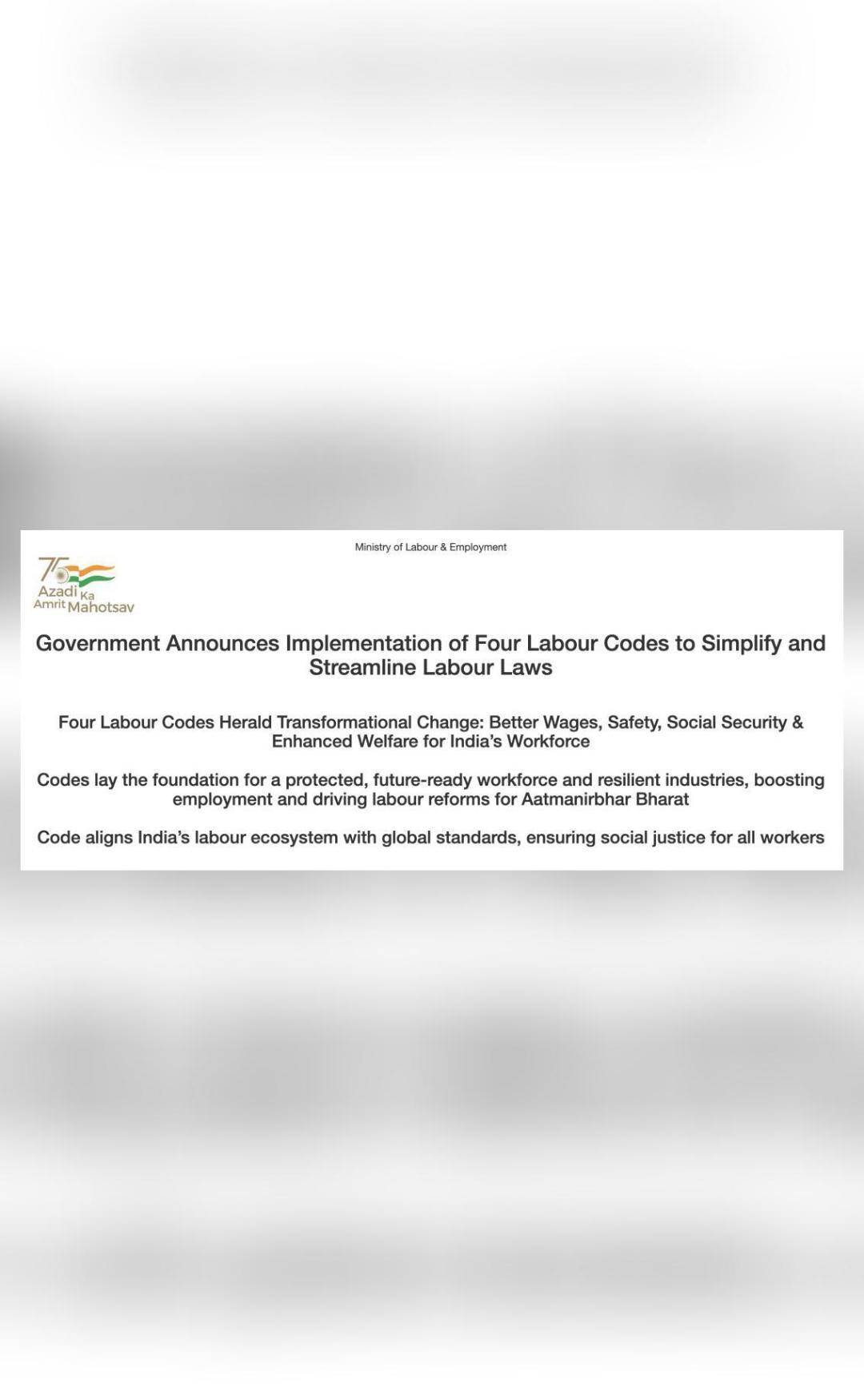 Govt announces implementation of 4 Labour Codes for better wages, employee welfare