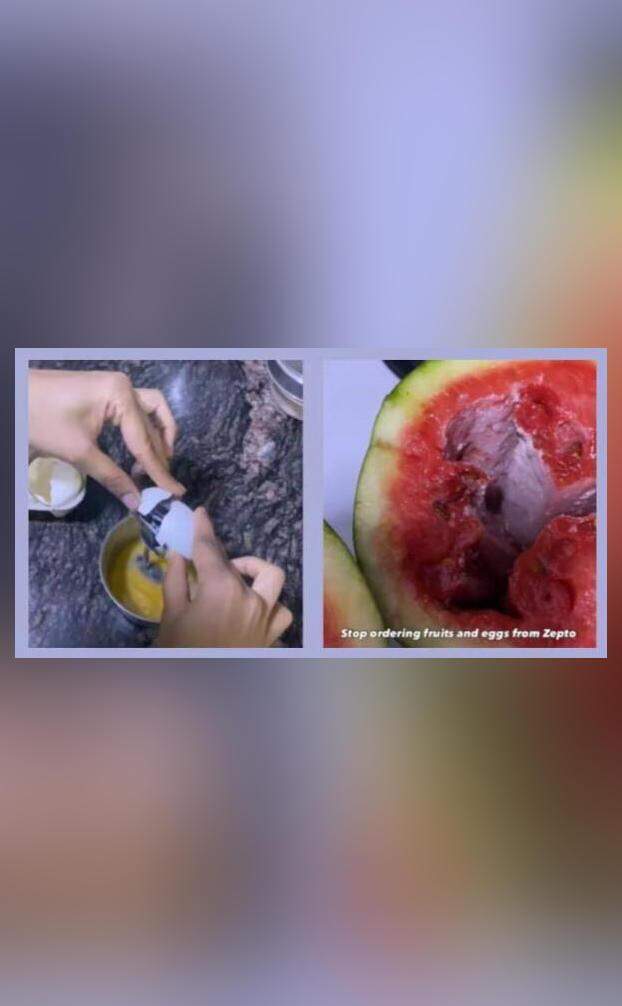 Customer shows black, rotten egg & spoiled watermelon she got from Zepto