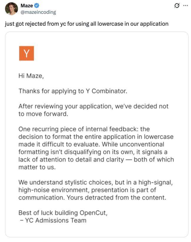 App creator jokes Y Combinator rejected him for using lowercase in application, CEO replies