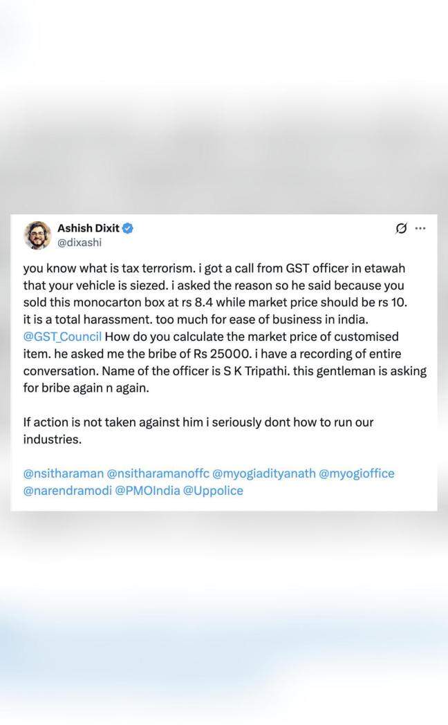 Startup founder alleges harassment by GST officer, says 'He asked ₹25,000 bribe' 