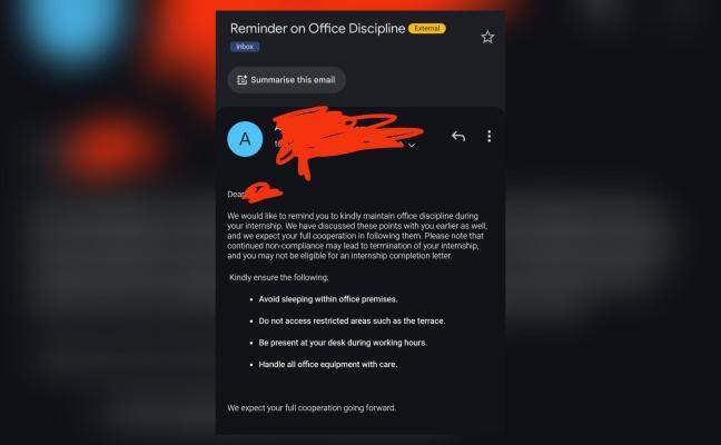 DU student shares HR email threatening to end internship if he sleeps in office, criticised